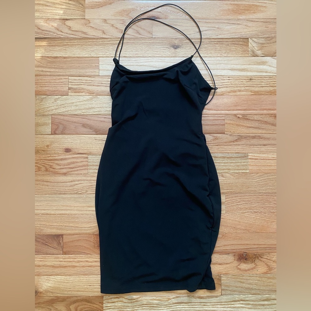 JUST QUELLA Stretchy Black Mini Dress with Corset Back SIZE XXS